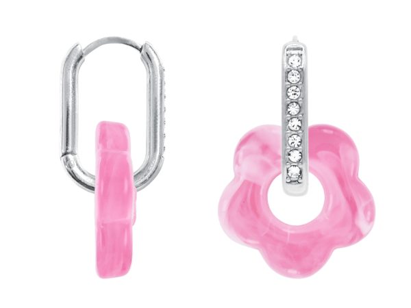 Créoles ovales oxydes de zirconium et fleur colorée en acier inoxydable argenté