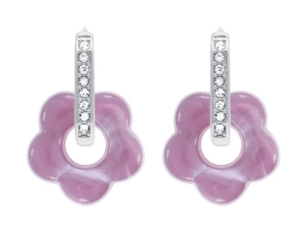 Créoles ovales oxydes de zirconium et fleur colorée en acier inoxydable argenté