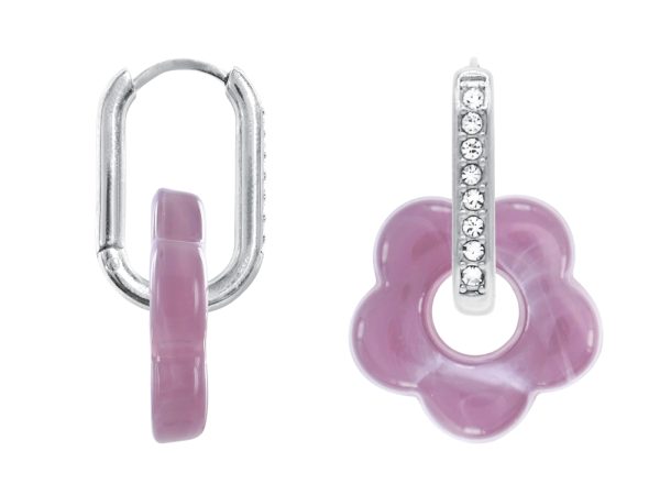 Créoles ovales oxydes de zirconium et fleur colorée en acier inoxydable argenté