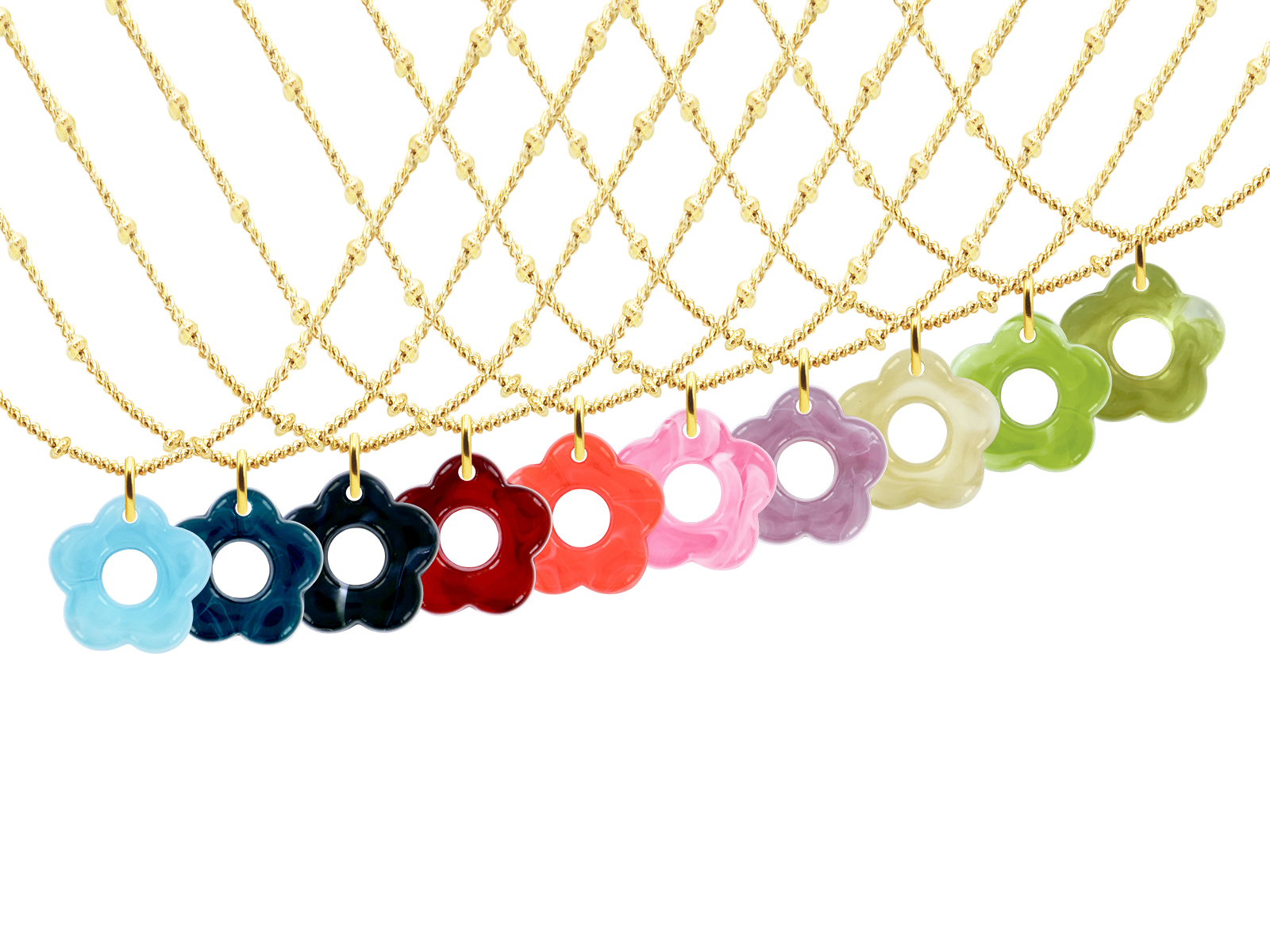 Collier chaîne maille boule alternée fleur colorée en acier inoxydable doré