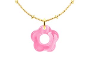 Collier chaîne maille boule alternée fleur colorée en acier inoxydable doré