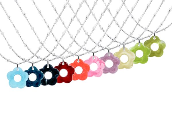 Collier chaîne maille boule alternée fleur colorée en acier inoxydable argenté