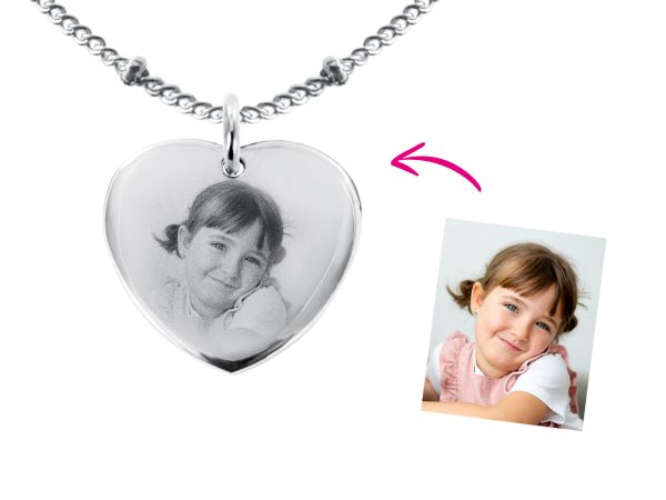 Collier maille boule alternée acier argenté coeur 20mm à personnaliser avec photo