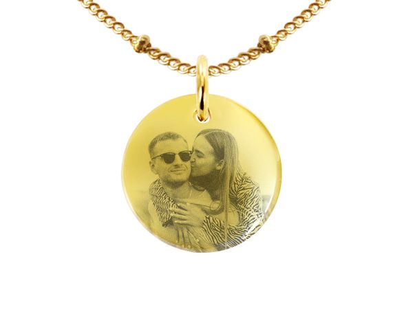 Collier maille boule alternée acier doré médaille 20 mm à personnaliser avec photo