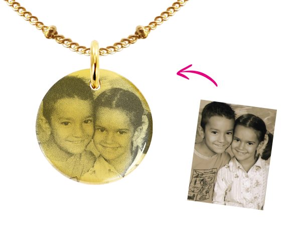 Collier maille boule alternée acier doré médaille 20 mm à personnaliser avec photo