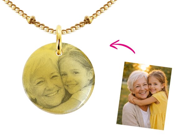 Collier maille boule alternée acier doré médaille 20 mm à personnaliser avec photo