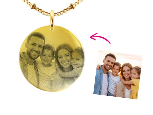 Collier maille boule alternée acier doré médaille 30 mm à personnaliser avec photo