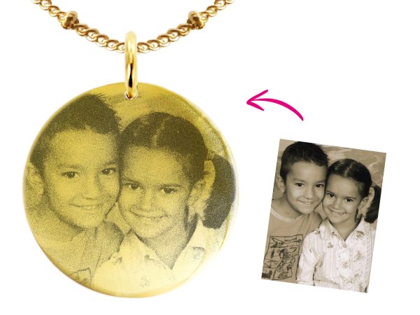 Collier maille boule alternée acier doré médaille 30 mm à personnaliser avec photo