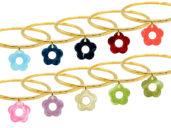 Jonc rigide articulé fil rond fleur colorée en acier inoxydable doré