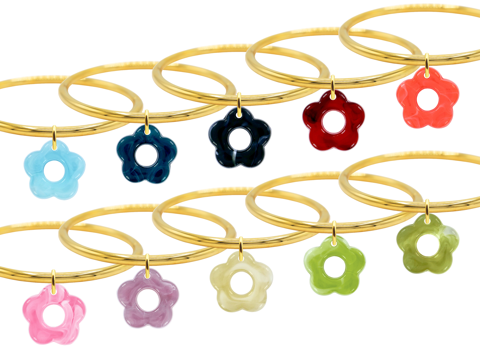 Jonc rigide articulé fil rond fleur colorée en acier inoxydable doré