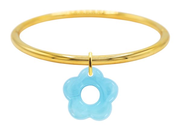 Jonc rigide articulé fil rond fleur colorée en acier inoxydable doré