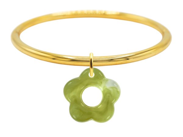 Jonc rigide articulé fil rond fleur colorée en acier inoxydable doré