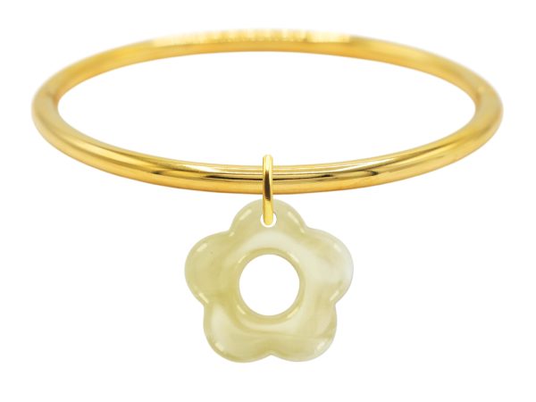 Jonc rigide articulé fil rond fleur colorée en acier inoxydable doré