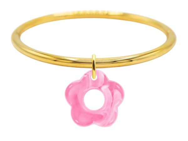 Jonc rigide articulé fil rond fleur colorée en acier inoxydable doré