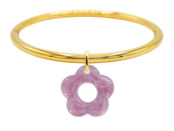 Jonc rigide articulé fil rond fleur colorée en acier inoxydable doré