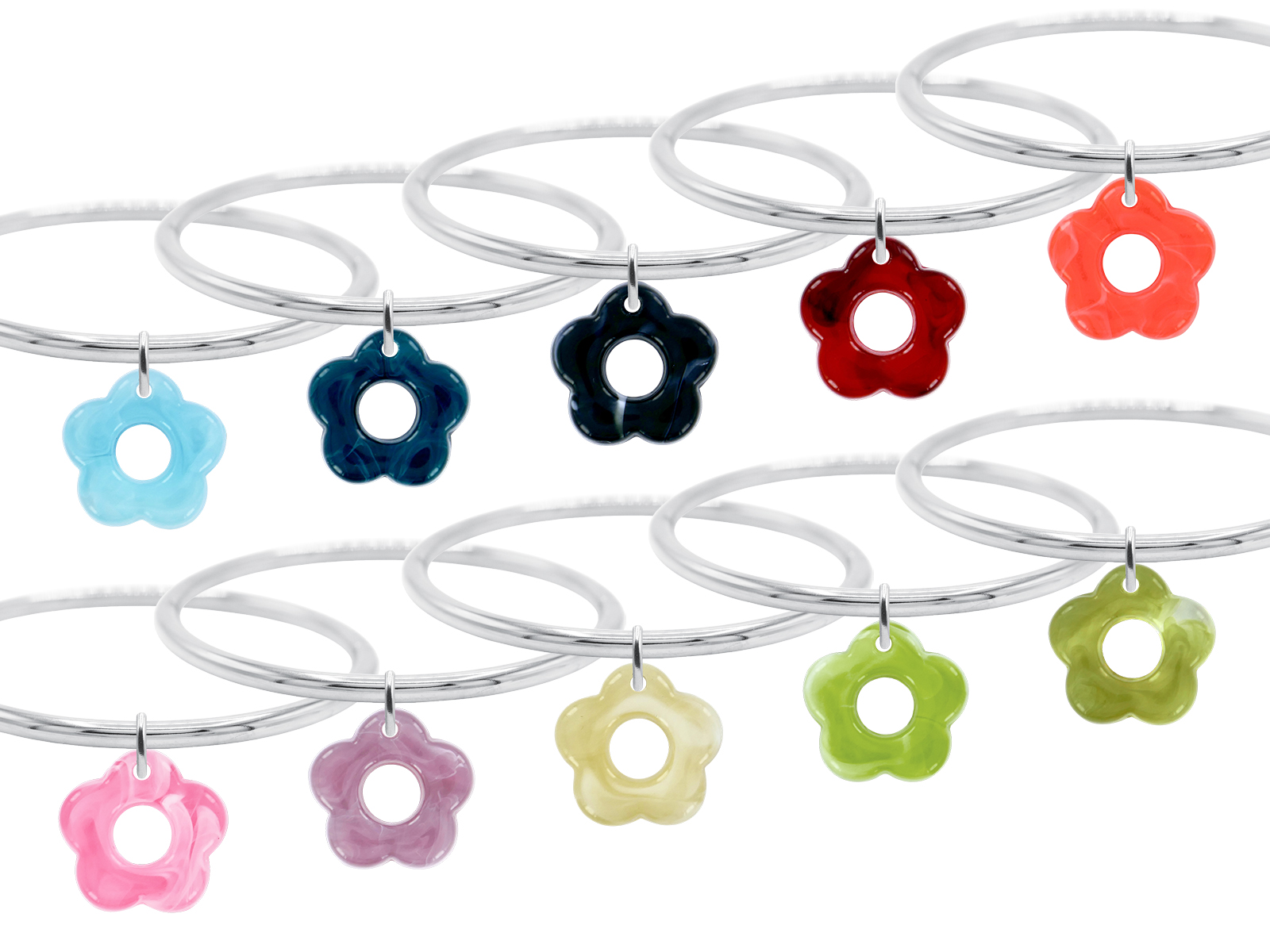 Jonc rigide articulé fil rond fleur colorée en acier inoxydable argenté