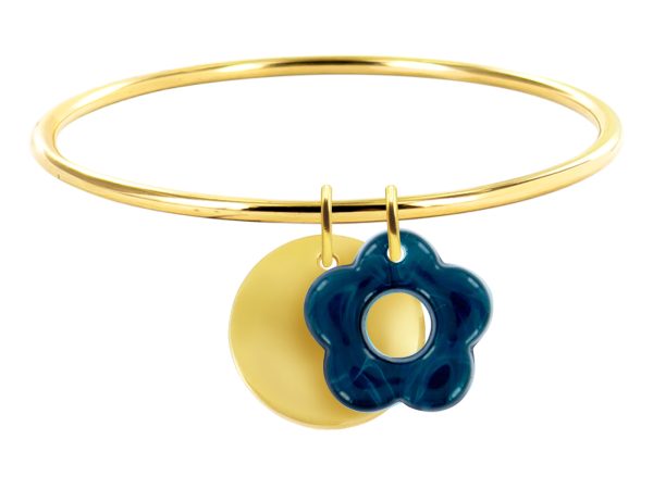 Jonc rigide médaille ronde à personnaliser (20mm) et fleur colorée en acier inoxydable doré