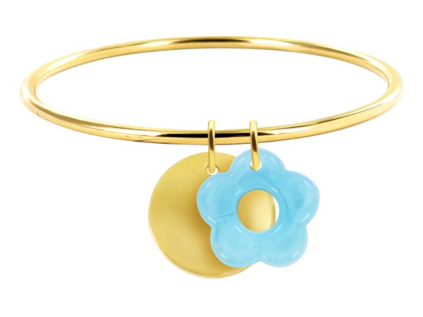 Jonc rigide médaille ronde à personnaliser (20mm) et fleur colorée en acier inoxydable doré