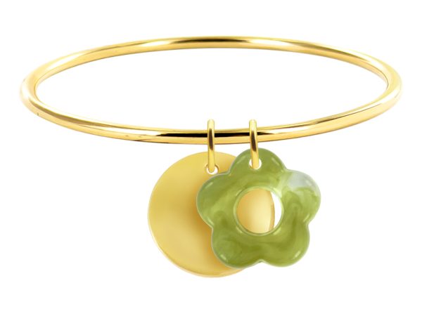 Jonc rigide médaille ronde à personnaliser (20mm) et fleur colorée en acier inoxydable doré