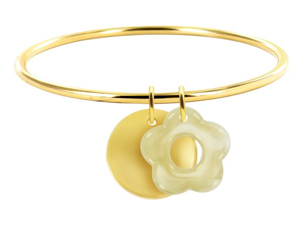 Jonc rigide médaille ronde à personnaliser (20mm) et fleur colorée en acier inoxydable doré