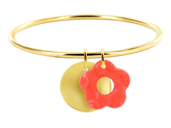 Jonc rigide médaille ronde à personnaliser (20mm) et fleur colorée en acier inoxydable doré