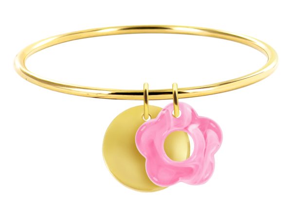 Jonc rigide médaille ronde à personnaliser (20mm) et fleur colorée en acier inoxydable doré