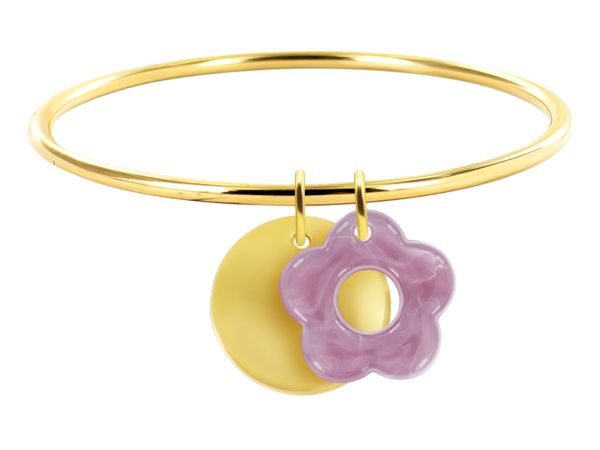 Jonc rigide médaille ronde à personnaliser (20mm) et fleur colorée en acier inoxydable doré