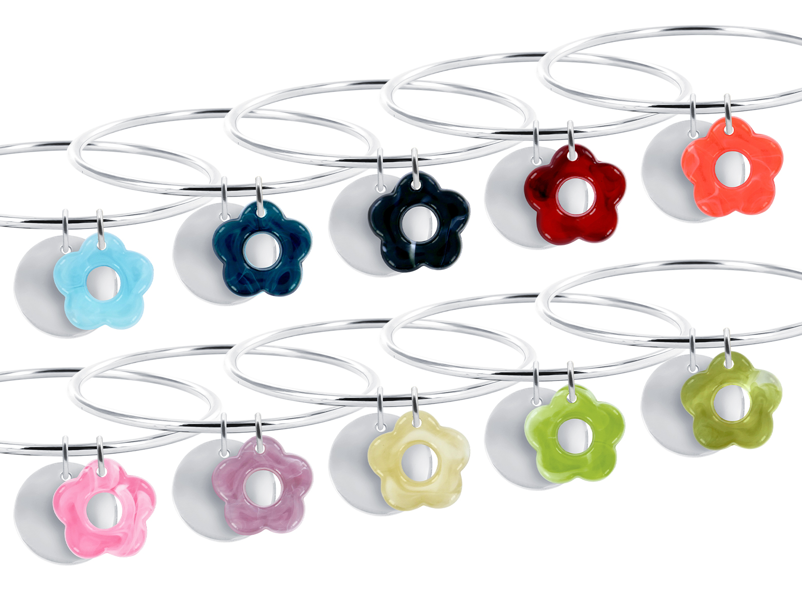 Jonc rigide médaille ronde à personnaliser (20mm) et fleur colorée en acier inoxydable argenté