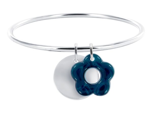 Jonc rigide médaille ronde à personnaliser (20mm) et fleur colorée en acier inoxydable argenté