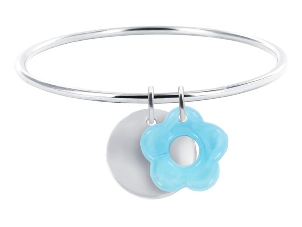 Jonc rigide médaille ronde à personnaliser (20mm) et fleur colorée en acier inoxydable argenté