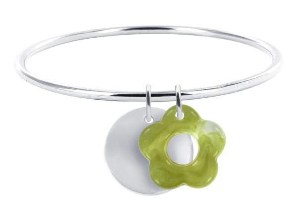 Jonc rigide médaille ronde à personnaliser (20mm) et fleur colorée en acier inoxydable argenté