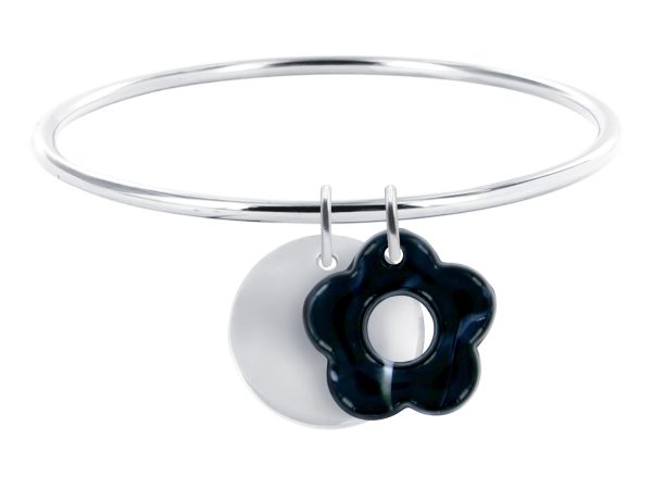 Jonc rigide médaille ronde à personnaliser (20mm) et fleur colorée en acier inoxydable argenté