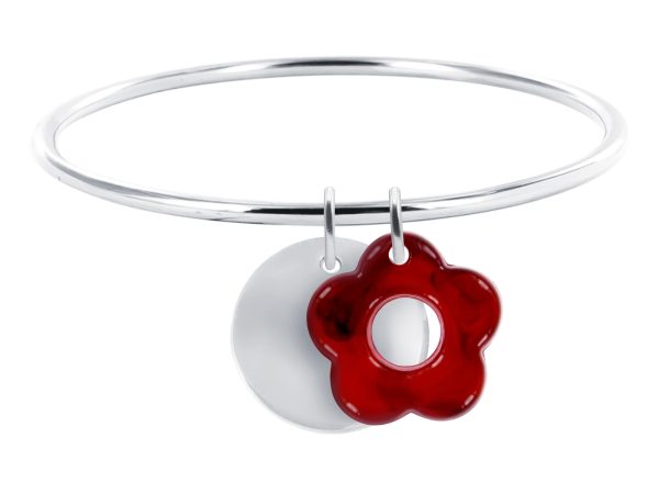 Jonc rigide médaille ronde à personnaliser (20mm) et fleur colorée en acier inoxydable argenté