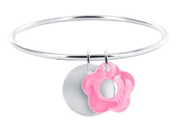 Jonc rigide médaille ronde à personnaliser (20mm) et fleur colorée en acier inoxydable argenté