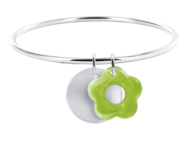 Jonc rigide médaille ronde à personnaliser (20mm) et fleur colorée en acier inoxydable argenté