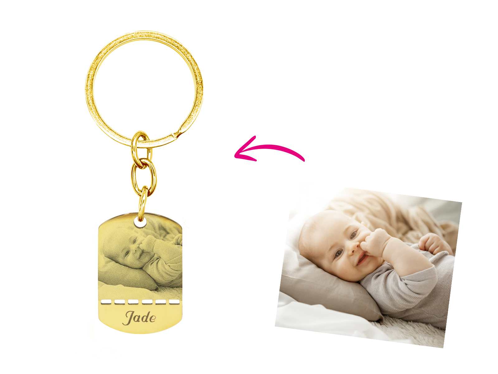Porte-clés en acier inoxydable doré à personnaliser avec photo
