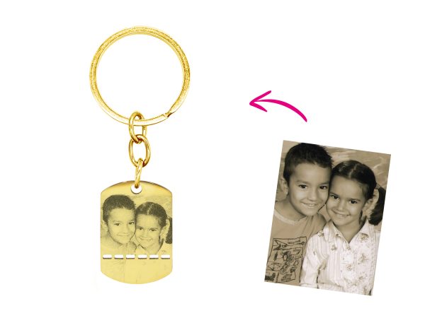 Porte-clés en acier inoxydable doré à personnaliser avec photo