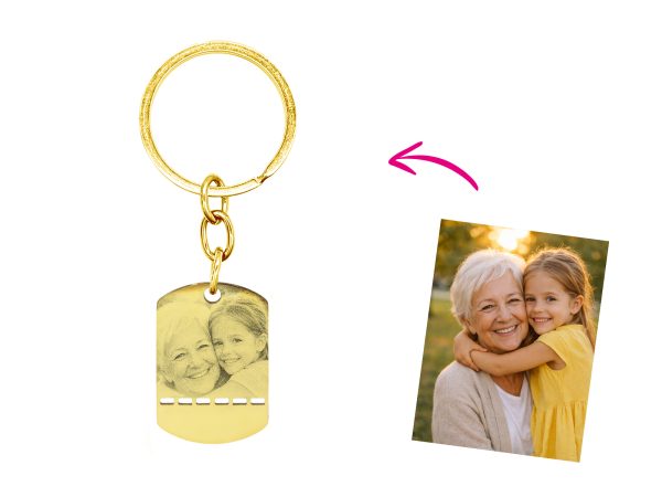 Porte-clés en acier inoxydable doré à personnaliser avec photo