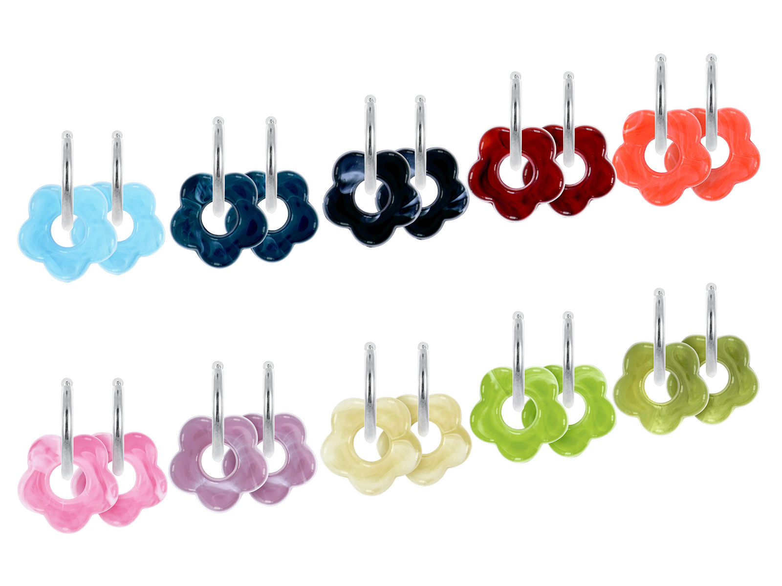 Créoles rondes fleur colorée en acier inoxydable argenté | Epaisseur fil: 2mm