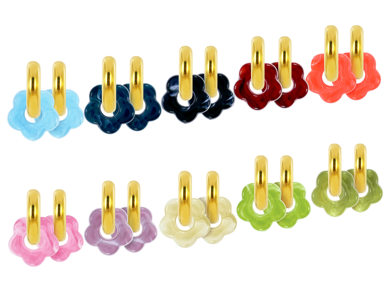 Créoles rondes fleur colorée en acier inoxydable doré | Epaisseur fil: 5mm