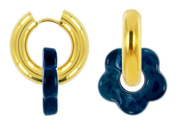 Créoles rondes fleur colorée en acier inoxydable doré | Epaisseur fil: 5mm