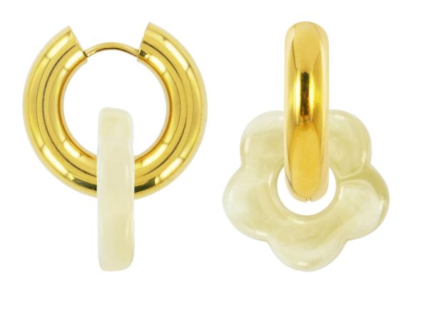 Créoles rondes fleur colorée en acier inoxydable doré | Epaisseur fil: 5mm