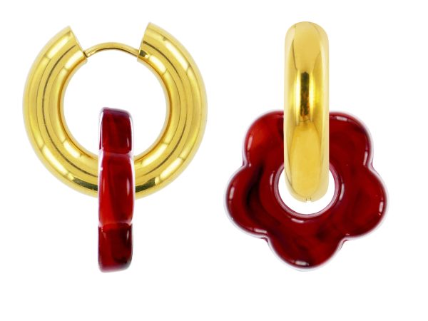 Créoles rondes fleur colorée en acier inoxydable doré | Epaisseur fil: 5mm