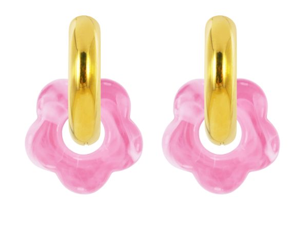 Créoles rondes fleur colorée en acier inoxydable doré | Epaisseur fil: 5mm