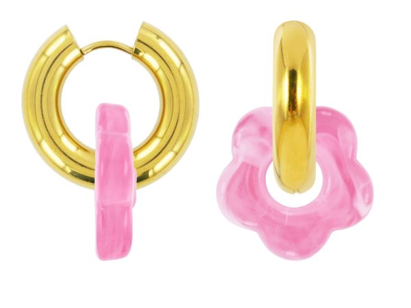 Créoles rondes fleur colorée en acier inoxydable doré | Epaisseur fil: 5mm