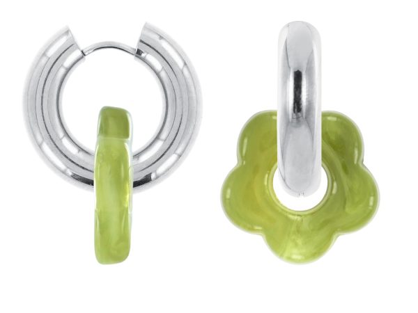 Créoles rondes fleur colorée en acier inoxydable argenté | Epaisseur fil: 5mm