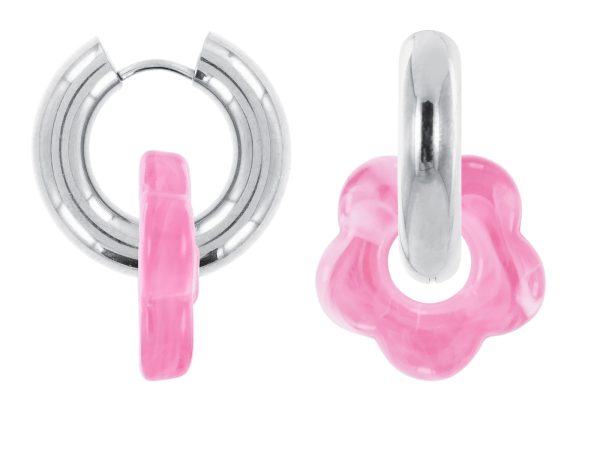 Créoles rondes fleur colorée en acier inoxydable argenté | Epaisseur fil: 5mm