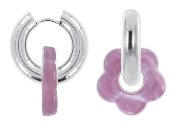 Créoles rondes fleur colorée en acier inoxydable argenté | Epaisseur fil: 5mm