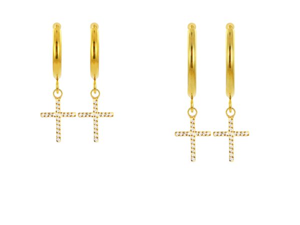 Créoles croix oxydes de zirconium en acier inoxydable doré