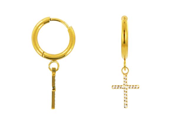 Créoles croix oxydes de zirconium en acier inoxydable doré